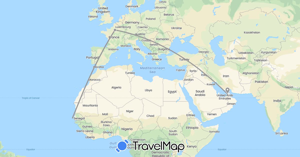 TravelMap itinerary: driving, plane in United Arab Emirates, France, Senegal (Africa, Asia, Europe)