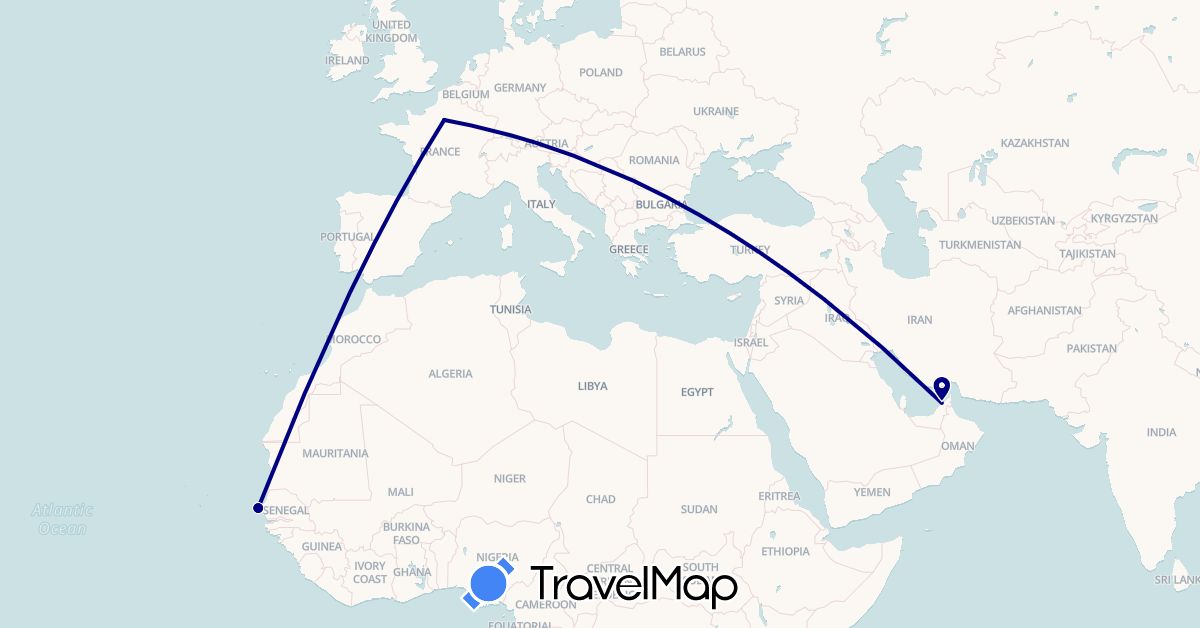 TravelMap itinerary: driving in United Arab Emirates, France, Senegal (Africa, Asia, Europe)